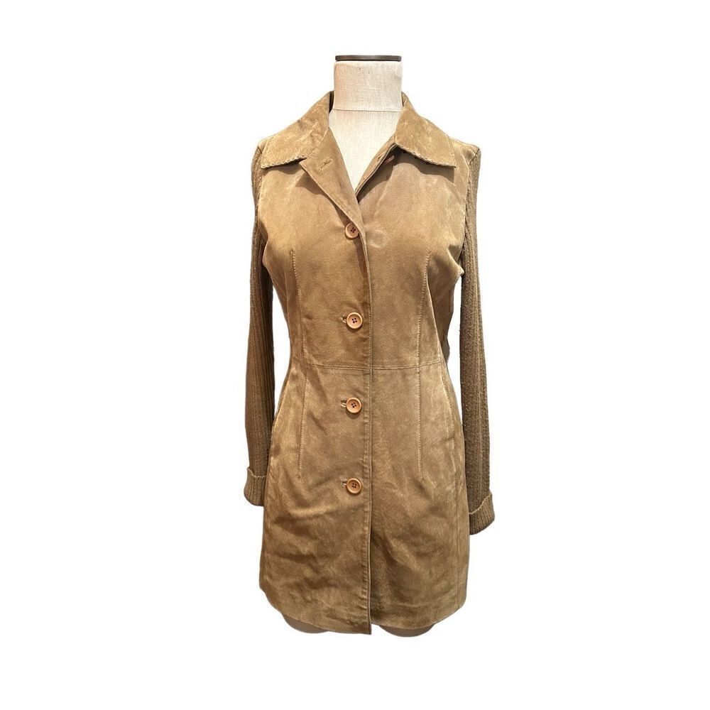 Twiggy Womens Leather Coat with Wool Blend Knit Sleeves Hip Length Retro Size M